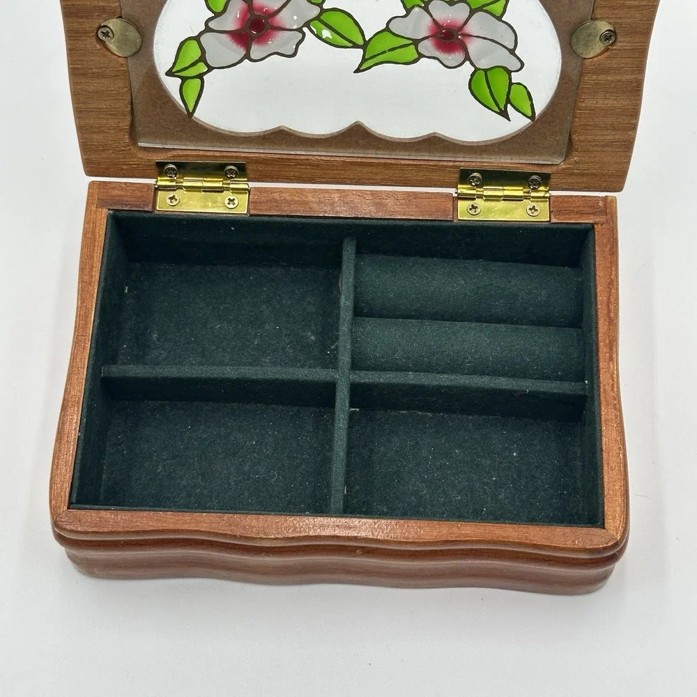 Vintage Wood Wooden Trinket Jewelry Box W/ Flower Blossom Design